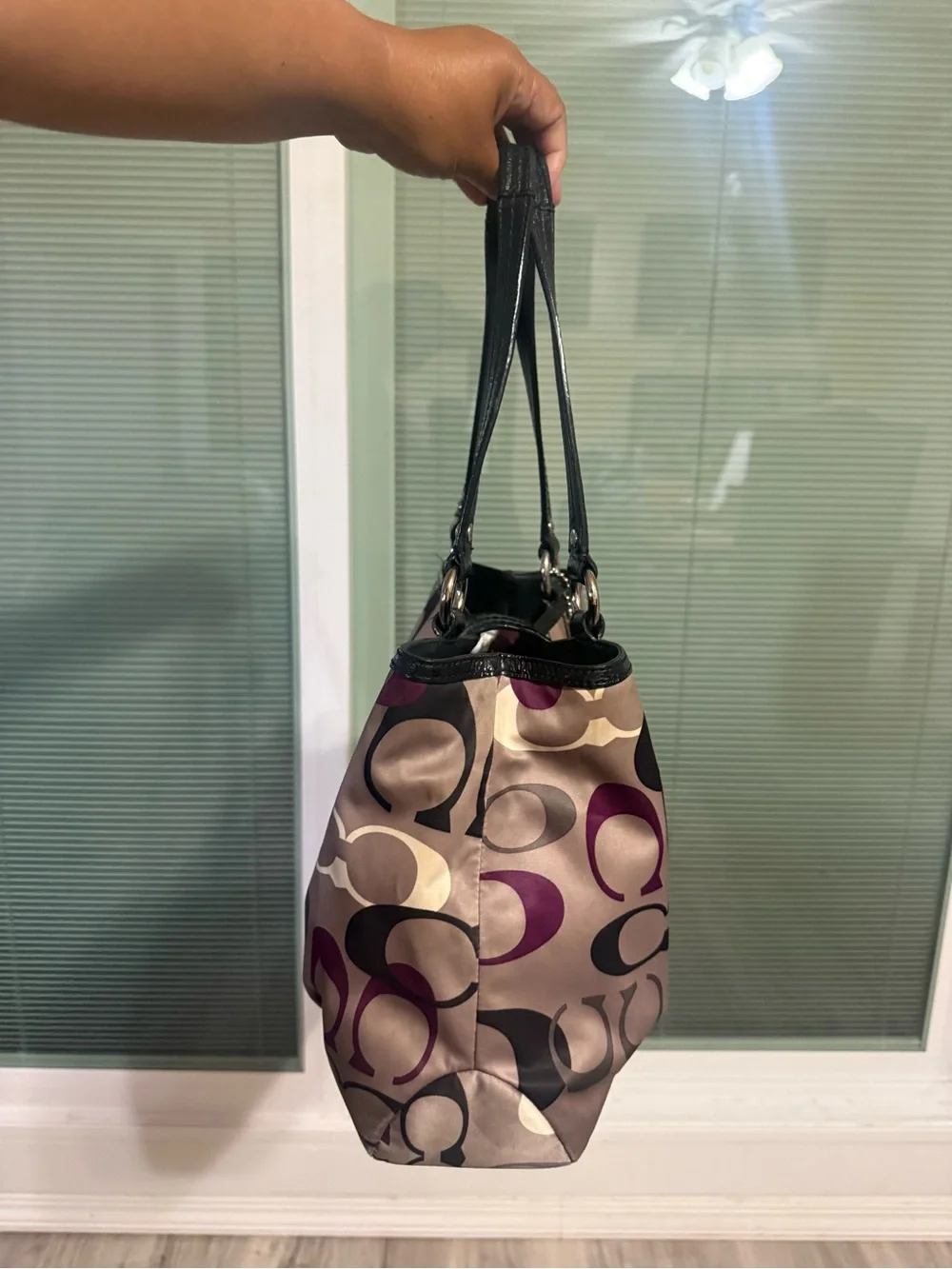 Coach Signature Canvas Shoulder Bag in Taupe, Purple and Black